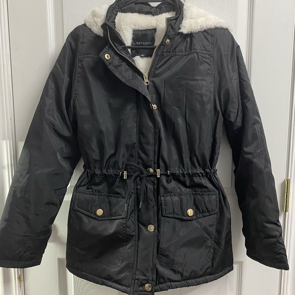 Riley&James Water-Resistant Puffer Jacket Black-white Fleece Lining Sz.S NWOT